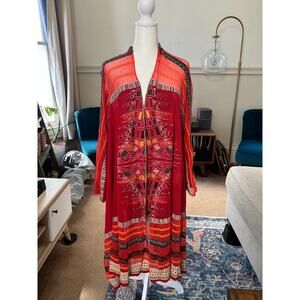 IVKO Woman Red Orange Tribal Print Open Front Kimono Duster Cardigan Size 44/46